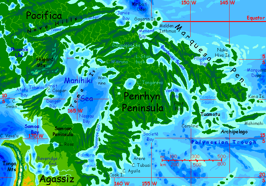 Map of the Penrhyn Peninsula, the southern tip of Pacifica, largest continent on Abyssia, an alternate Earth whose relief has been inverted: heights are depths and vice versa.