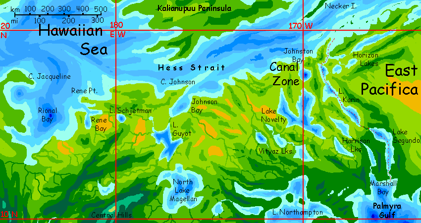Map of the Canal Zone and Hawaiian Sea shore of southern Pacifica on Abyssia, an alternate Earth whose relief has been inverted: heights are depths and vice versa.