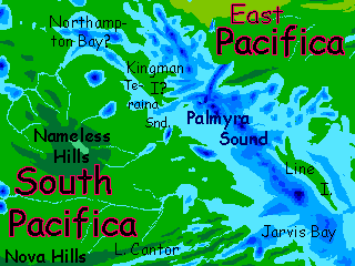 Map of NE coast of southern Pacifica (our Line Islands region) on Abyssia, an alternate Earth whose relief has been inverted: heights are depths and vice versa.