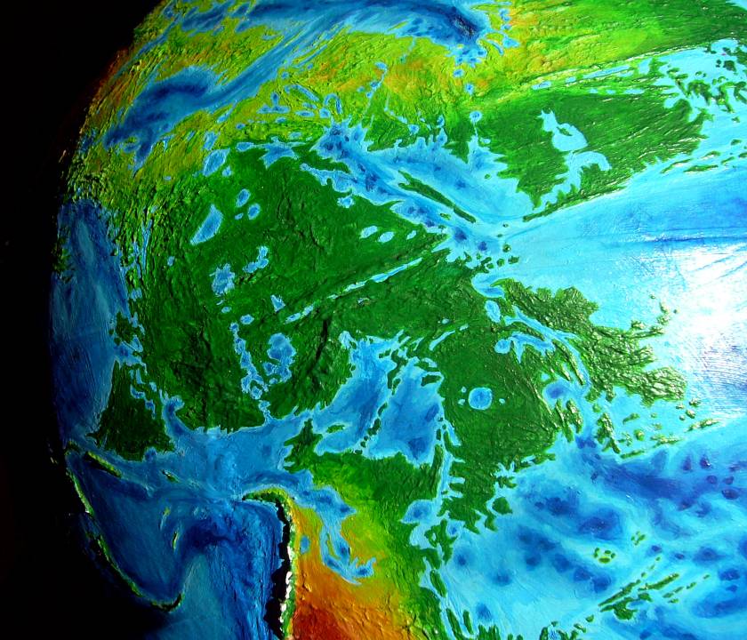 Orbital photo of the rainforests of southern Pacifica on Abyssia, an alternate Earth whose relief has been inverted: heights are depths and vice versa.