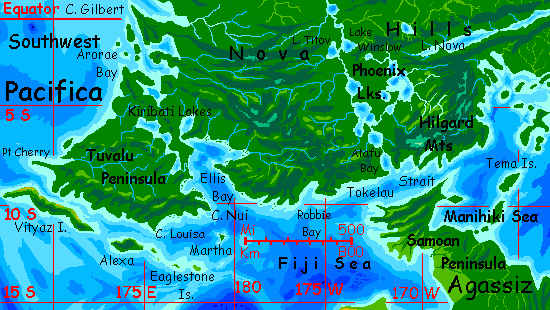 Map of southwest Pacifica on Abyssia, an alternate Earth whose relief has been inverted: heights are depths and vice versa.