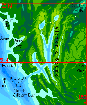 Map of Victoria Sound in southern Pacifica on Abyssia, an alternate Earth whose relief has been inverted: heights are depths and vice versa.