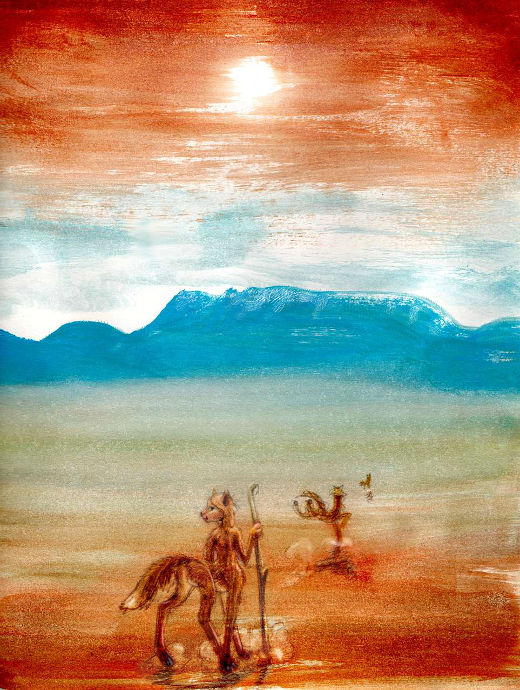 Foxtaurs on dry steppe below pine-clad Cipangu Hills in NW Pacifica on Abyssia, an alternate Earth where up is down and down is up. Pencil/watercolor by Wayan. Click to enlarge.