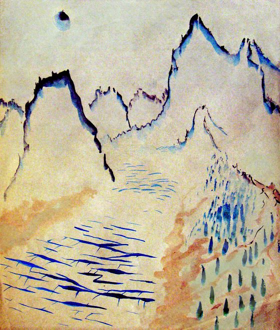 Glacier in the Kurile Mts of NW Pacifica on Abyssia, an alternate Earth where up is down and down is up. Ink/watercolor by Wayan.