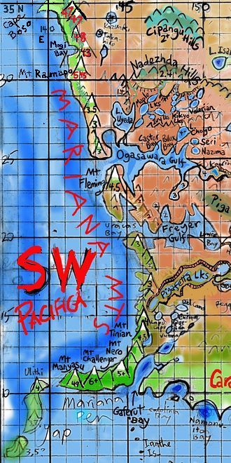 Sketchmap of western Pacifica and the Mariana Mts on Abyssia, an alternate Earth whose relief has been inverted: heights are depths and vice versa. Click to enlarge.