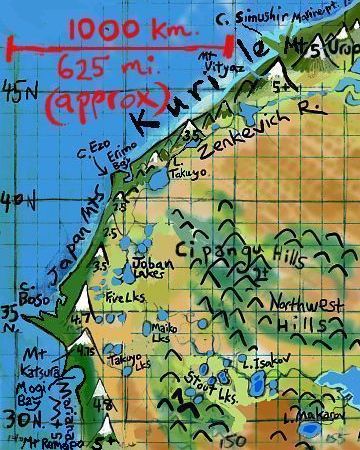 Sketchmap of the coast of central-west Pacifica, on Abyssia, an alternate Earth whose relief has been inverted: heights are depths and vice versa.