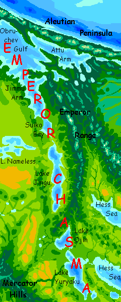 Map of the the Emperor Lakes chain in northern Pacifica, on Abyssia, an alternate Earth whose relief has been inverted: heights are depths and vice versa.