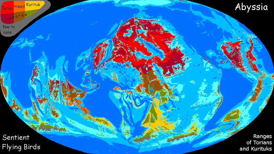 Map of the ranges of flying sentient avians on Abyssia, a world-building experiment. Click a feature to go there.