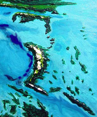 High orbital photo of Sandwichia, a mountainous, snowcapped arcuate island, and the low, scattered, green Orcadian Isles to the east, in the equivalent of our South Atlantic, on Abyssia, an alternate Earth in which up is down and down is up.