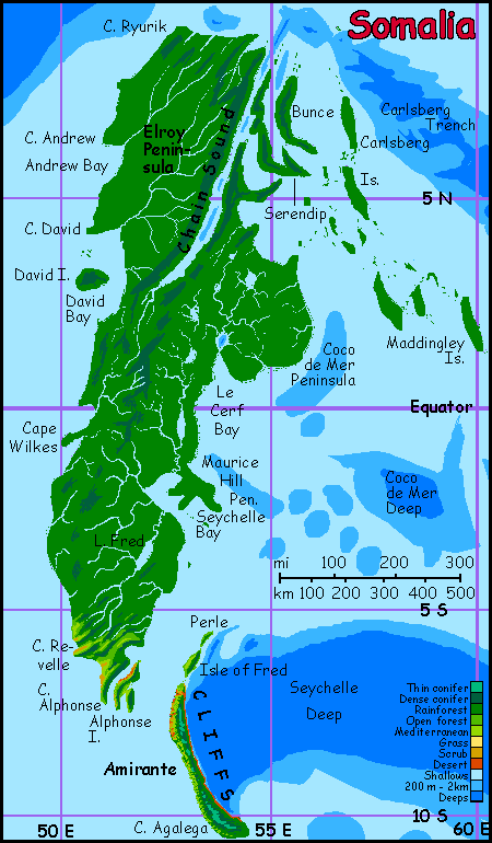 Map of Somalia, on Abyssia, an alternate Earth whose relief has been inverted: heights are depths and vice versa.