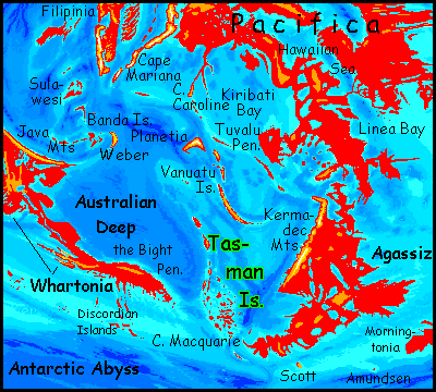 Location map of the Tasman Islands, a labyrinthine archipelago in the Australian Ocean on Abyssia, an alternate Earth in which up is down and down is up.