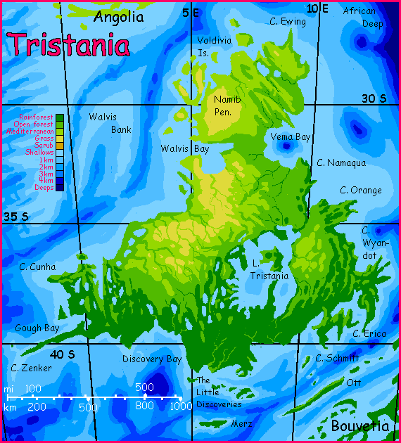 Map of Tristania on Abyssia, an alternate Earth whose relief has been inverted: heights are depths and vice versa.