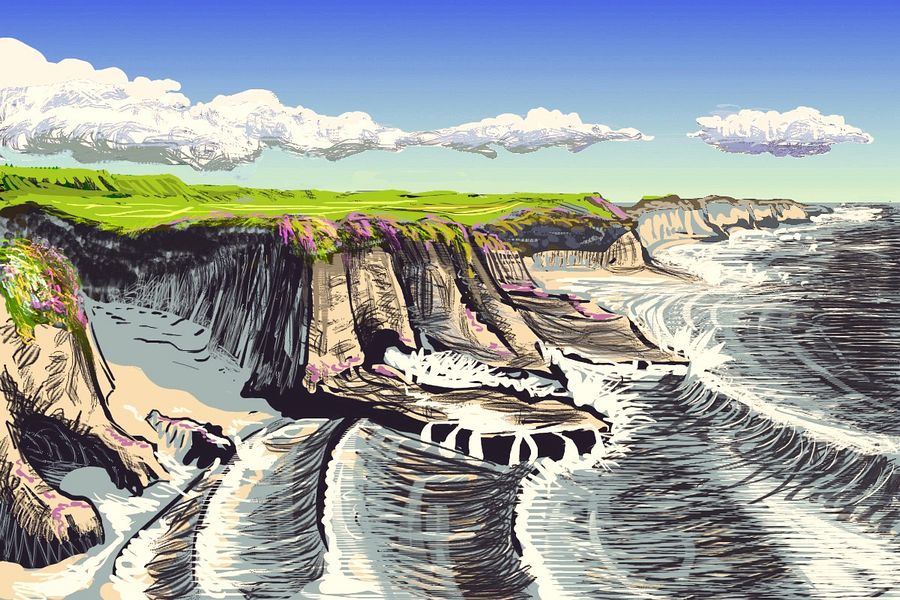 Coastal Tristania, a small continent on Abyssia, an alternate Earth whose relief has been inverted: heights are depths and vice versa. Sketch by Wayan; click to enlarge.