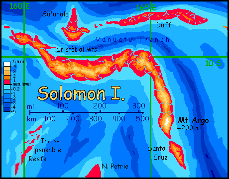 Map of Solomon, a large rugged island southwest of Pacifica on Abyssia, an alternate Earth where up is down and down is up.