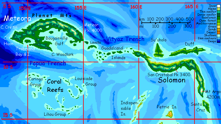 Vegetation map of Meteora to Solomon, the heart of the Vityaz Archipelago southwest of Pacifica, on Abyssia, an alternate Earth where up is down and down is up.