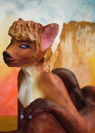 A foxtaur in the Western Pacifica Desert on Abyssia, an alternate Earth where up is down and down is up. Terra-cotta portrait by Chris Wayan. Click to enlarge.