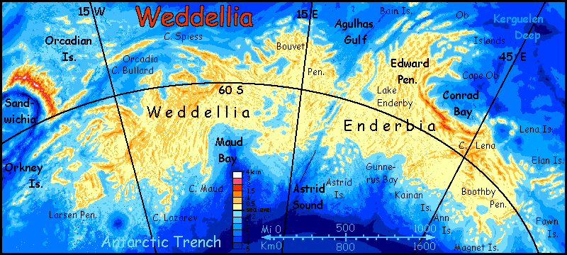 A map of Weddellia, a far southern continent on Abyssia, an alternate Earth in which up is down and down is up.