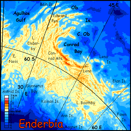 An altitude map of eastern Weddellia, a far southern continent on Abyssia, an alternate Earth in which up is down and down is up.