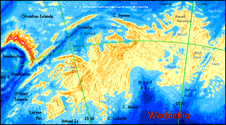 An altitude map of western Weddellia, a far southern continent on Abyssia, an alternate Earth in which up is down and down is up.