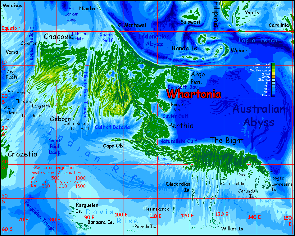 Map of Whartonia, equivalent of Earth's eastern Indian Ocean off Australia, on Abyssia, an Earth where up is down and down is up. A low, tropical, forested continent with a fractal coast and long twisting lakes; a peninsula called the Bight extends far southeast.