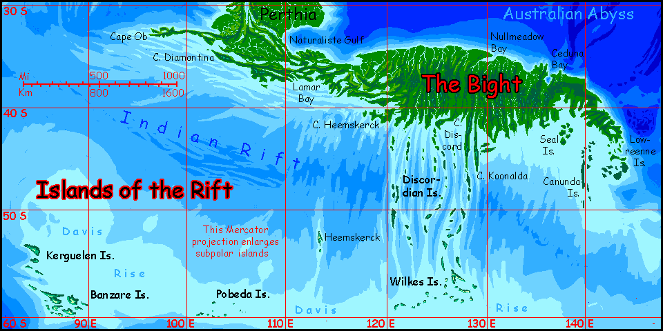 Map of The Bight Peninsula, equivalent of Earth's eastern Indian Ocean off the Australian Bight, on Abyssia, an Earth where up is down and down is up. A huge forested peninsula trailing capes and islands to the south like a jellyfish trailing tentacles.