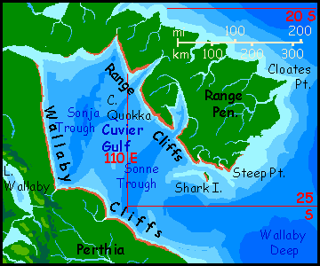 Map of Cuvier Gulf, a strange cliffwalled bay in Whartonia, on Abyssia, an Earth where up is down and down is up.