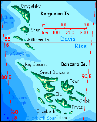Map of Kerguelen and Banzare Islands on Abyssia, an Earth where up is down and down is up. Cool forested islands at 50 to 60 south.