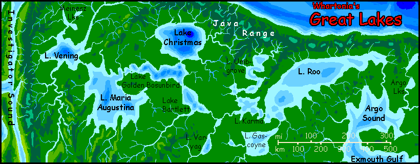 Map of the Great Lakes of northern Whartonia, equivalent of Earth's eastern Indian Ocean off Australia, on Abyssia, an Earth where up is down and down is up. A wide rainforest with many deep lakes and a mountainous north shore.