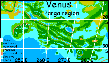 Map of Parga Chasma region on Venus, southwest of Phoebe, after terraforming. A diagonal isthmus of long lakes and ridges.