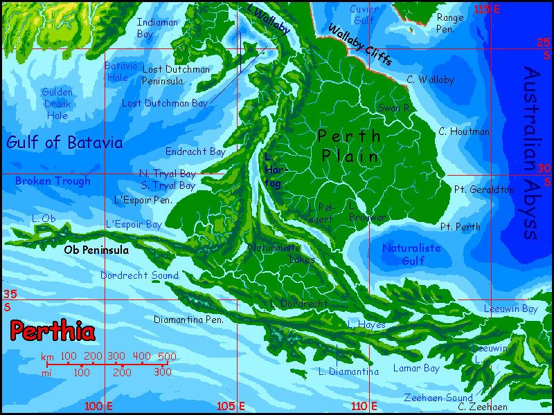 Map of Perthia, equivalent of Earth's eastern Indian Ocean off Australia, on Abyssia, an Earth where up is down and down is up. A low, subtropical, forested isthmus with long twisting lakes and coastal cliffs.