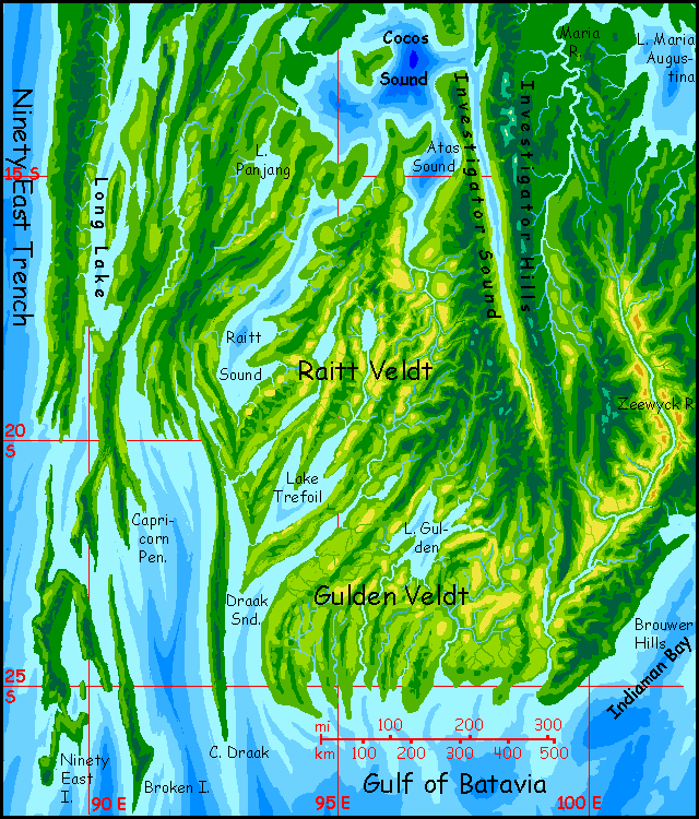 Map of western Whartonia, equivalent of Earth's eastern Indian Ocean off Australia, on Abyssia, an Earth where up is down and down is up. Forested ridges, dry savanna valleys, deep lakes.