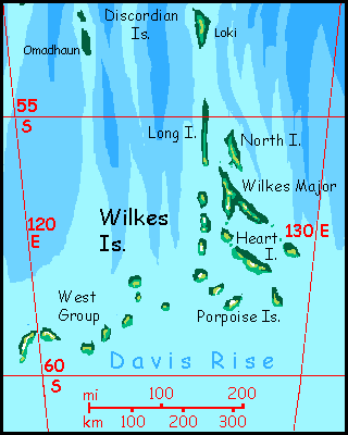 Map of the Wilkes Islands on Abyssia, an Earth where up is down and down is up. Cool forested islands near 55 south.