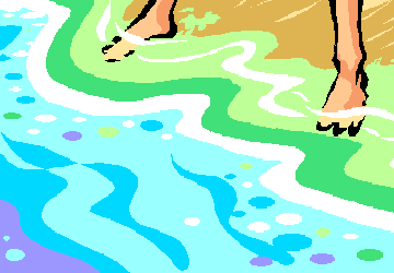 Feet in green water and foam, at the beach.