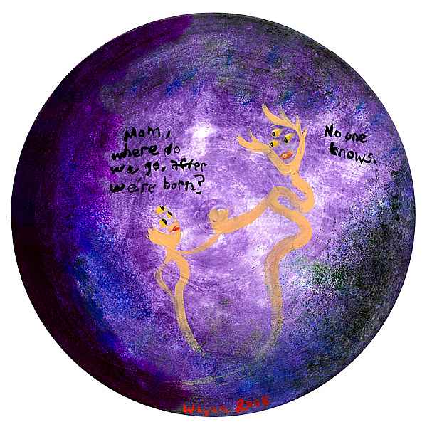 A round, purple/indigo void with a small three-eyed spirit asking its larger, three-eyed mom, 'Where do we go, after we're born?' Mom says 'No one knows.'