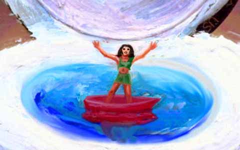 A Lilliputian girl in a red boat floats in a blue toilet bowl.