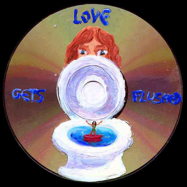 A Lilliputian girl in a red boat floats in a toilet bowl. A full-sized man glares at her. Blue words announce: 'LOVE GETS FLUSHED'.