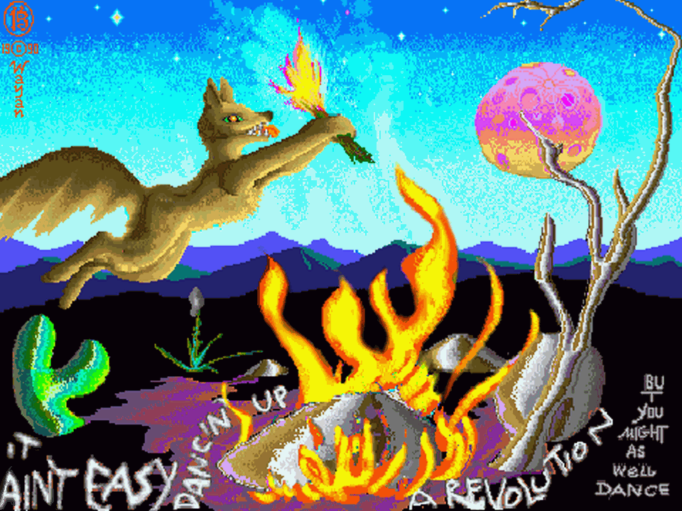 Coyote dances around the flames of revolution