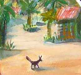 A sleepy village: palms, red-roofed huts, dirt plaza, a dog.