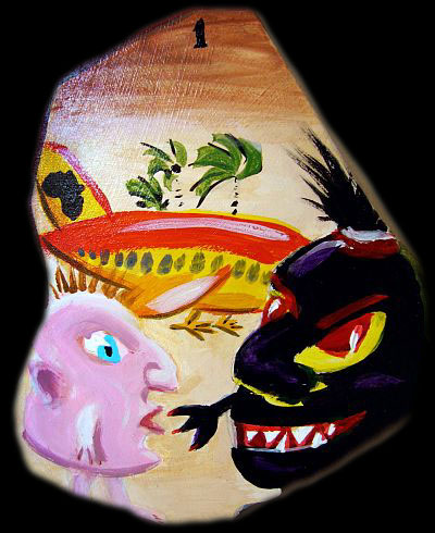 Painted caricatures--really just giant heads with legs. A black head with red eyes and filed teeth speaks to a pink head with sharp nose and thin lips. Behind them, a red and yellow airplane with chicken feet and a silhouette of Africa on its tail.