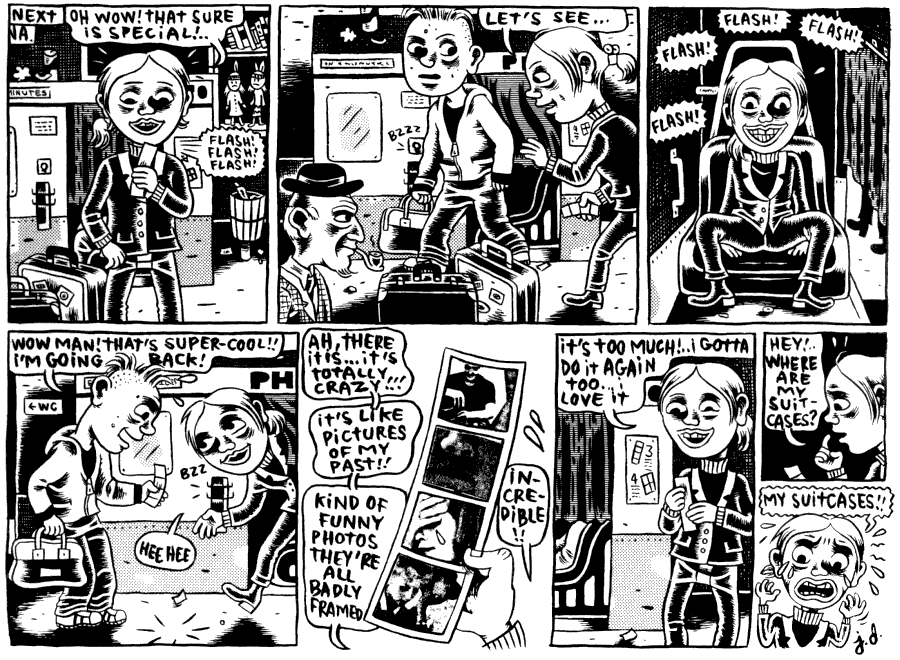Black and white comic of a dream by Julie Doucet. A photo booth takes pictures of Julie's memories! She emerges from the booth excited... to find her luggage has been stolen.