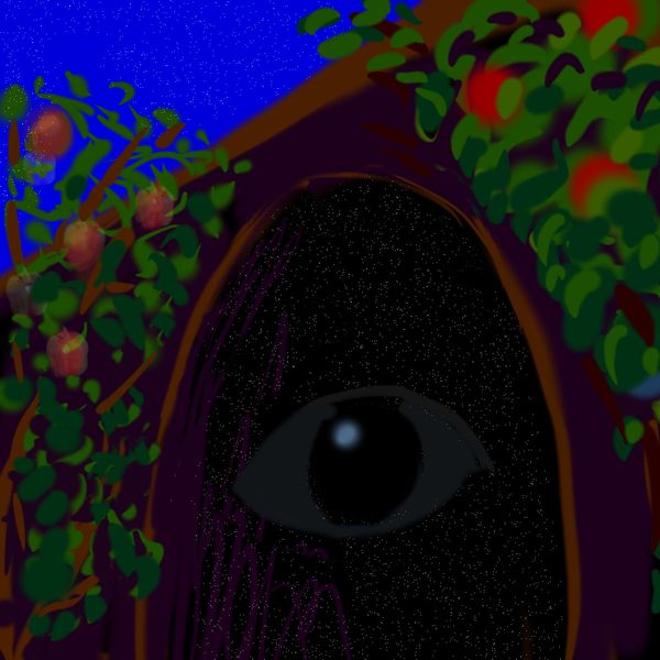 A dark archway between fruit trees. Dream sketch by Wayan.