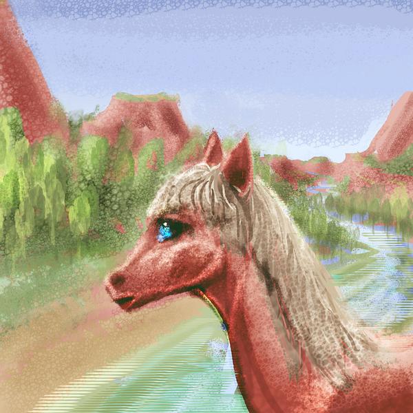 Horse wades in a creek; desert canyon. Pasty colors. Dream sketch by Wayan. Click to enlarge.