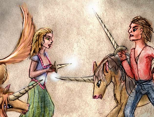Sketch of a dream by Chris Wayan: close-up of a man and woman facing off with knife and sword. But twined around them are two unicorns also facing off with their horns.