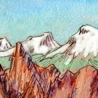 Nearby crags half-hide distant snowy peaks. Dream sketch by Wayan.