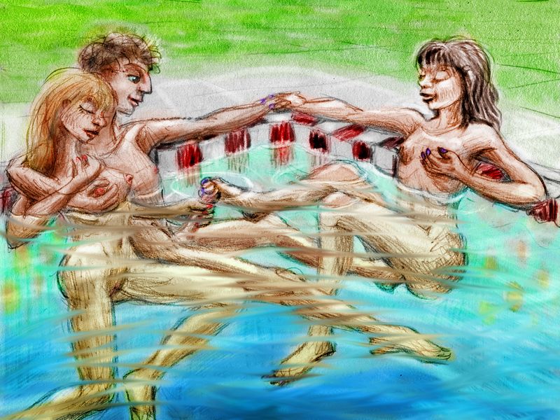 Trio make out in swimming pool. Dream sketch by Wayan. Click to enlarge.
