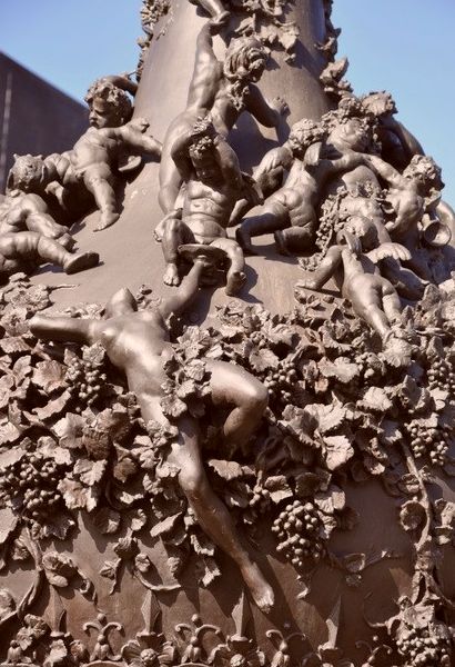 Nude drunk orgy on ten-foot bronze urn by Gustave Dore. Click for second closeup