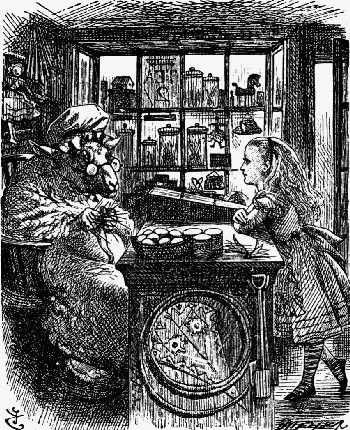 Alice in the shop of elusive goods. Sketch by John Tenniel.