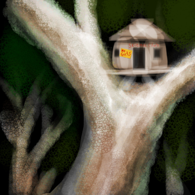 Tree of Time with a kids' treehouse saying SCIENCE CLUB and NO GIRLS. Dream sketch by Wayan