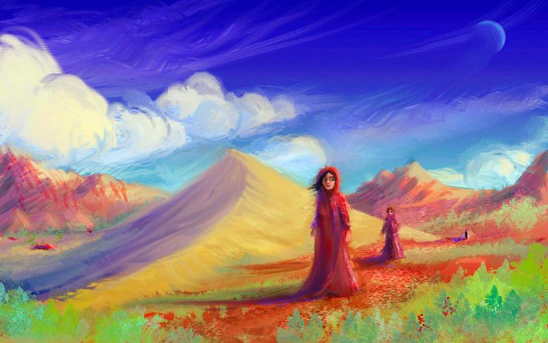 Red-robed pilgrim women in a desert land. Dream by Althea, sketch by Wayan. Click to enlarge.