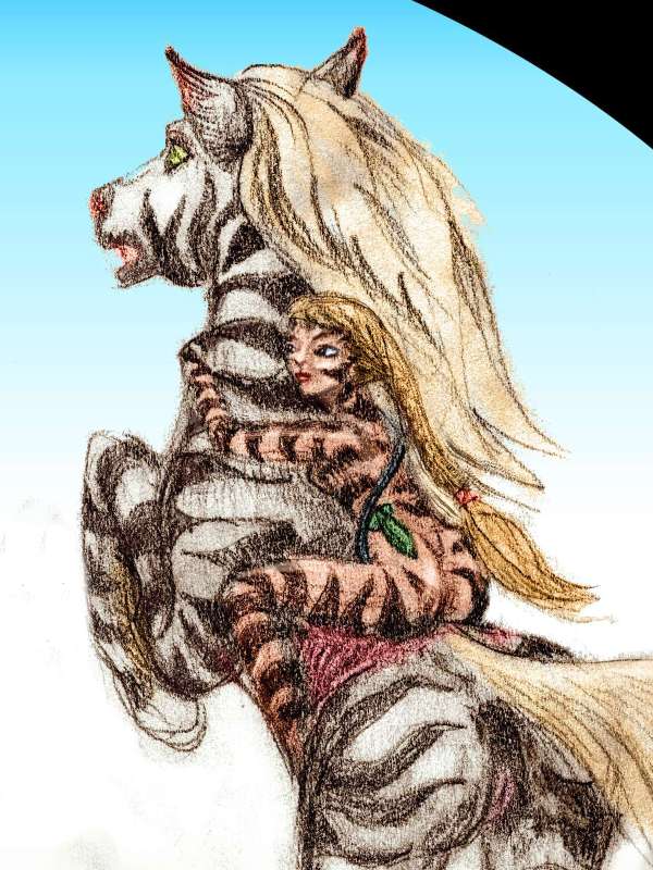 Pencil sketch of a dream by Wayan; an Amazon rider painted in zebra stripes. Click to enlarge.